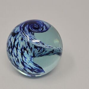 Signed OBG Ornamental Blown Glass Blue White Swirl Art Glass 3" Paperweight 1992
